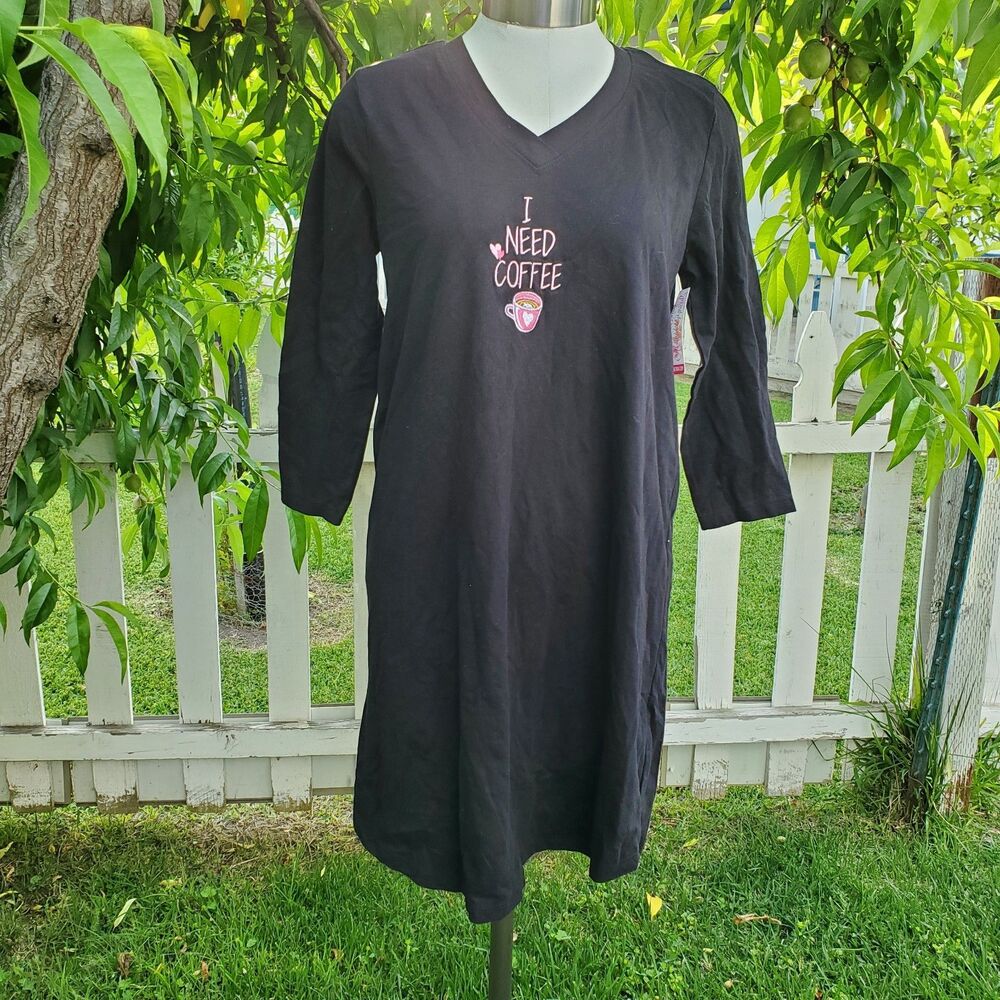 CARAMEL CANTINA Sleep Shirt Nightshirt Embroidered I Need Coffee Print Size S